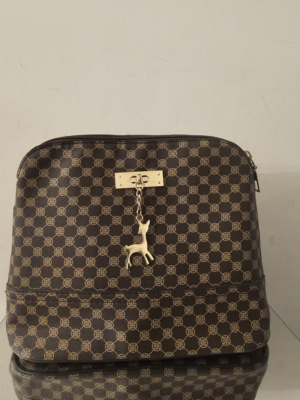 Brown Monogrammed Dome Small Purse Or Makeup Bag with Gold Deer Charm